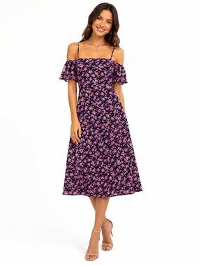 Isabel Garcia Women's Strappy Off Shoulder Dress Size S Floral Black Pink Midi